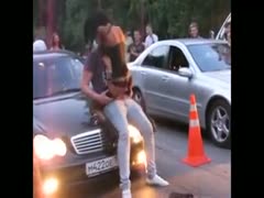 The avid stripper white wife in Russia on the car race show